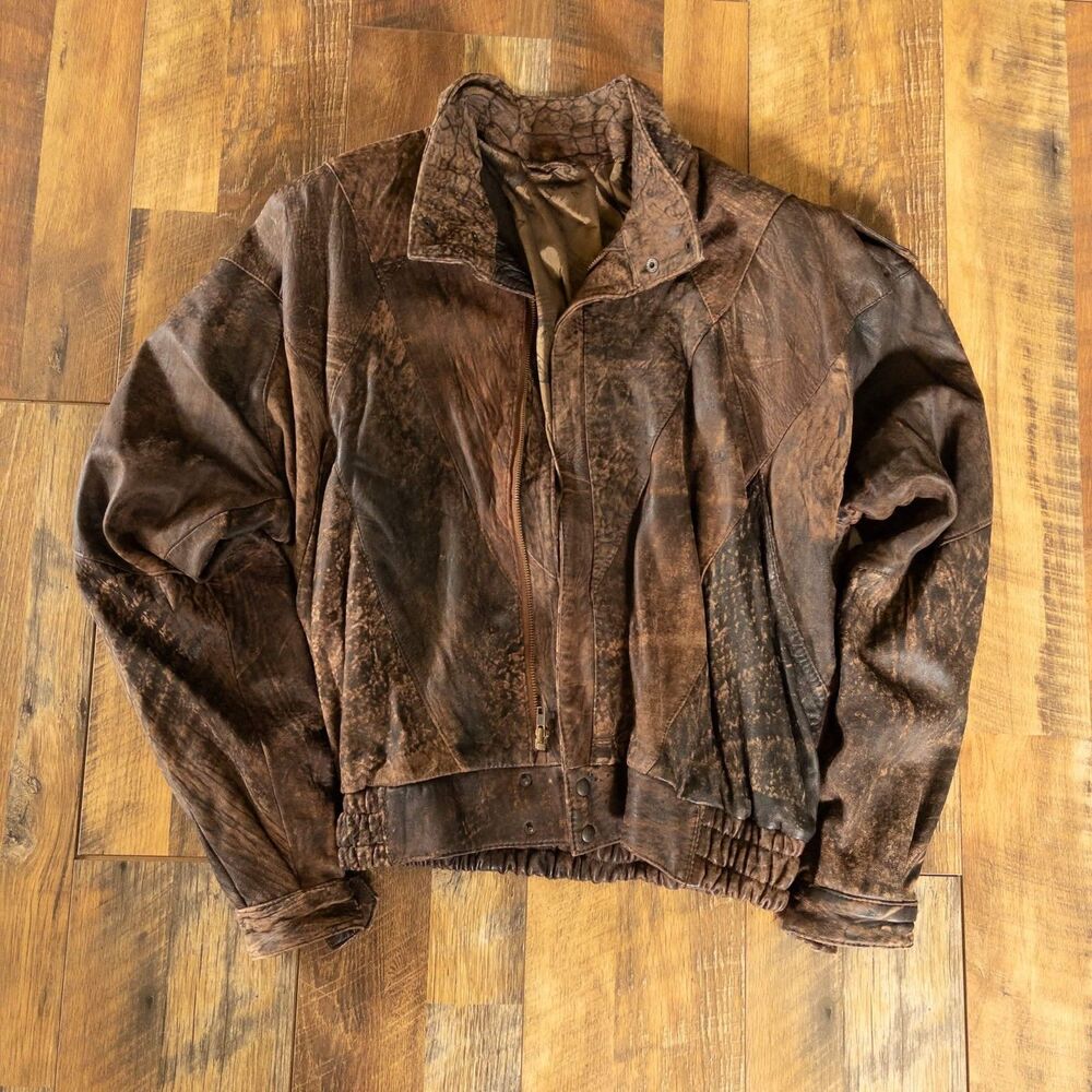 Vintage Distressed Brown Leather Bomber Jacket Mens L Aviator Map Lining Flight
